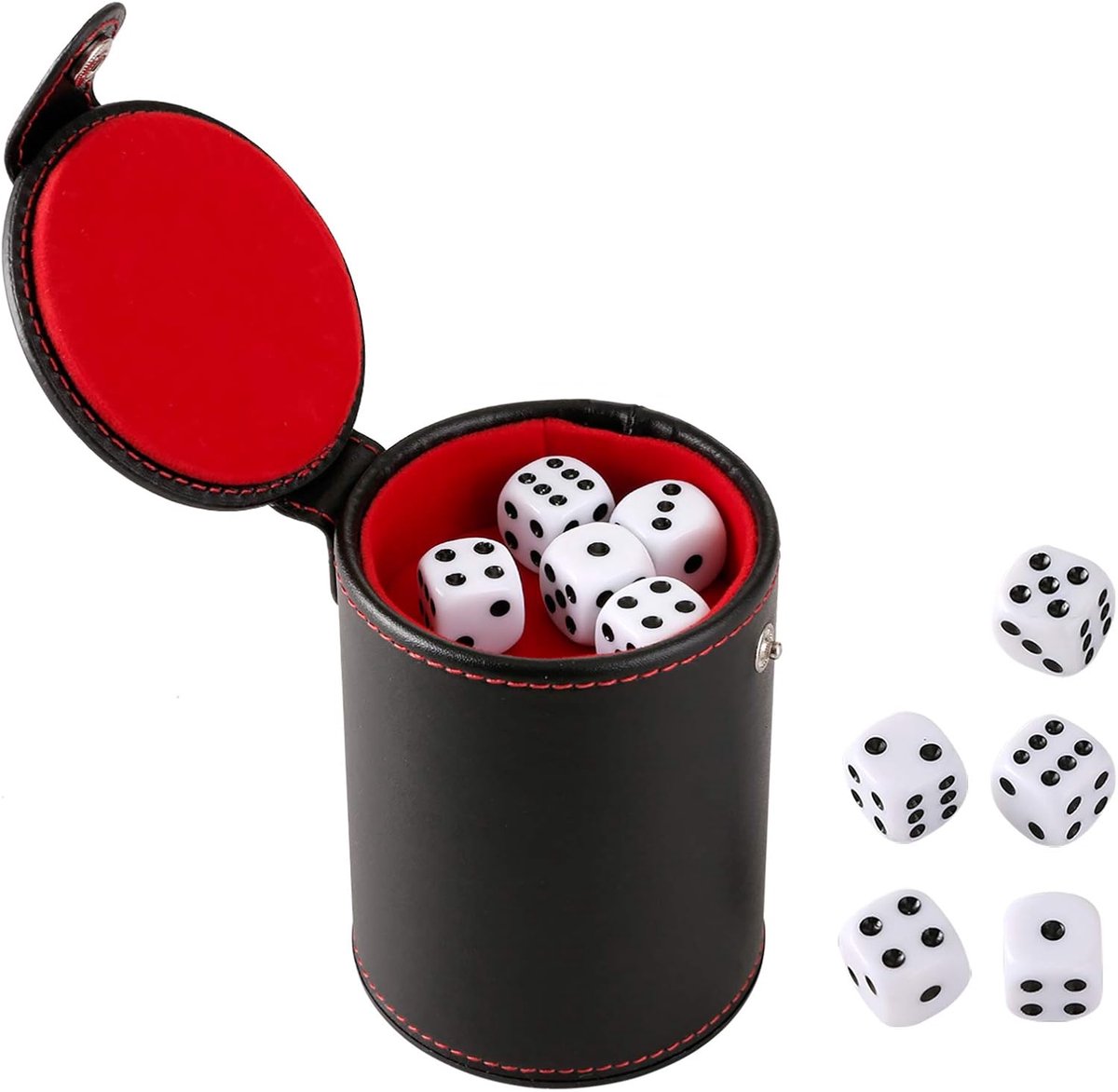 Kubusbeker leer met deksel tweelaags incl. 10 oogdobbelstenen, rood | Dobbelbekerset met dobbelstenen, klassieke dobbelbeker, leren beker, speelaccessoires voor bordspel, dobbelspel, feest, feest