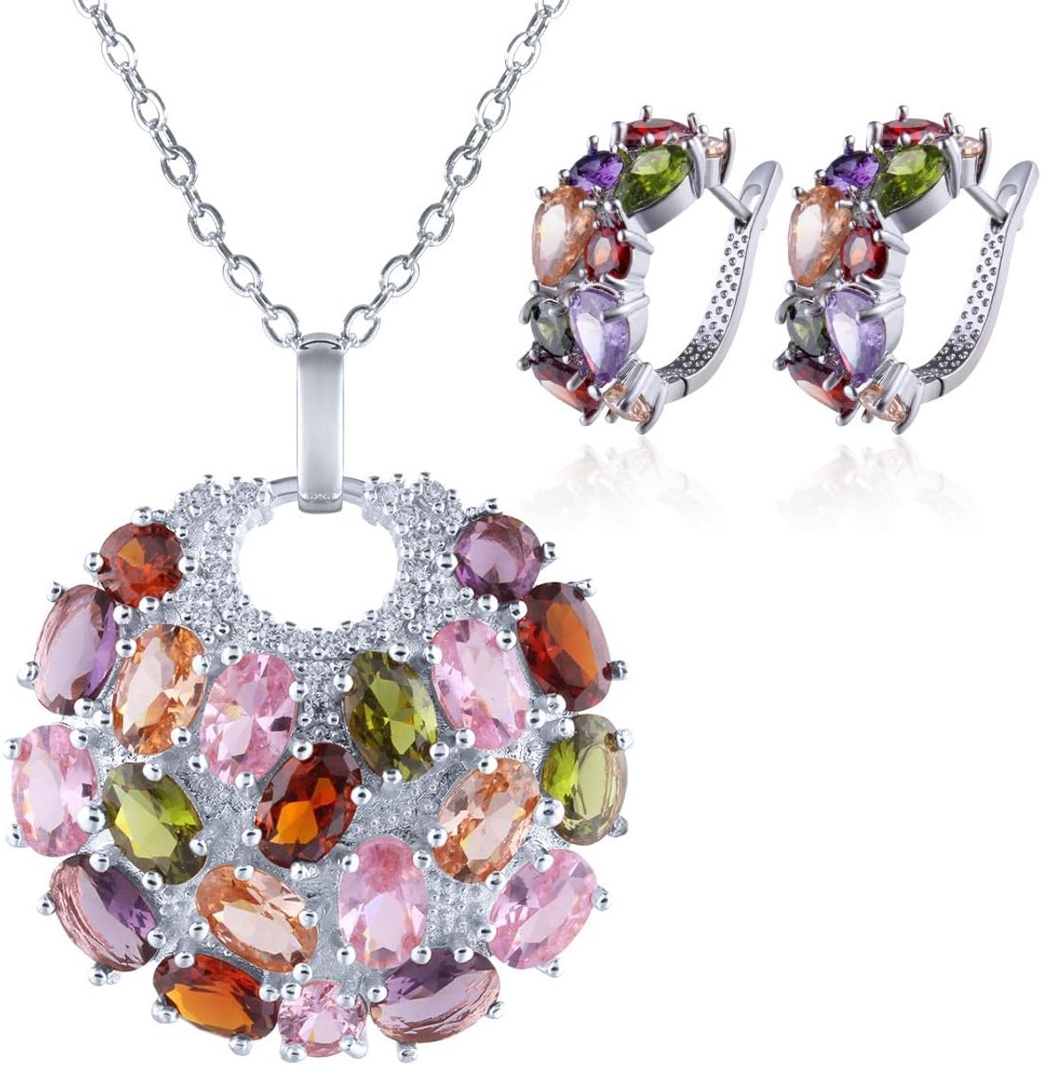 Hanger halsketting en oorbellen set zirkonia multi-stone ronde schijf, sieradensets voor dames - zilver en kleurrijk, Koperlegering