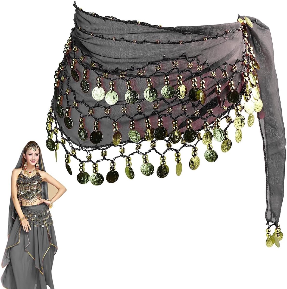 Buikdansriem voor dames, chiffon heupdoek, dansdoek met munten voor