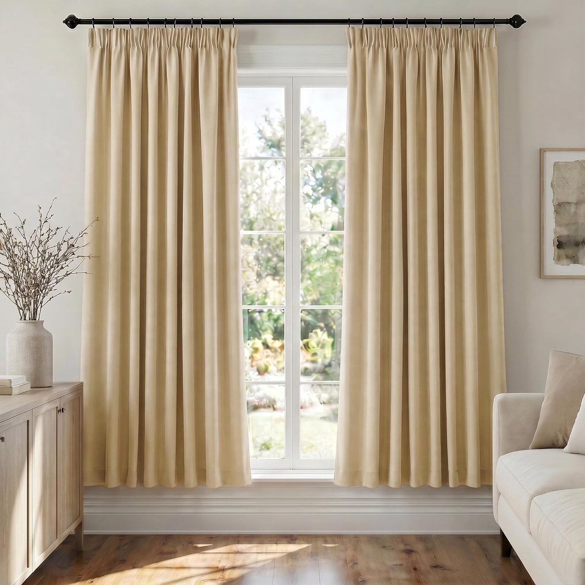 Zwarte Verduisterende Gordijnen met Multifunctionele Plooitape - 3 Hangmethoden, Thermisch Isolerend en Zachte Valling, 2 Panelen 140x175 cm, Sand Beige, OEKO-TEX Gecertificeerd voor Slaapkamer en Woonkamer, Ideaal voor Privacy en Lichtwering