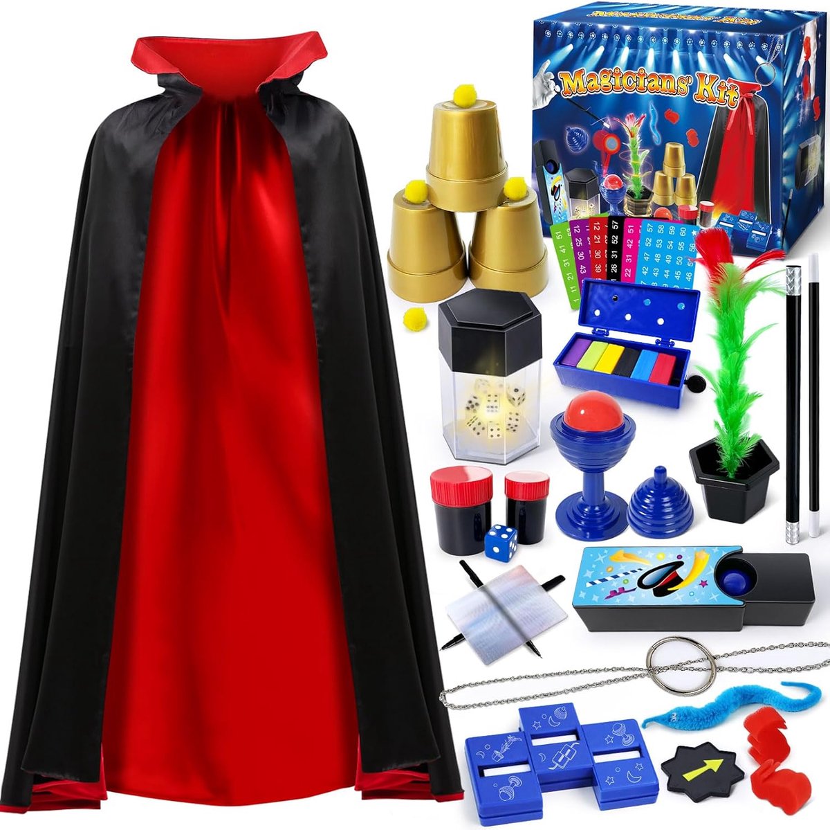 Magische set, goochelset met goochelaarskostuum voor kinderen van 6-8 jaar, goocheltrucs voor kinderen van 6, 7, 8, 9, 10, 11, 12 jaar