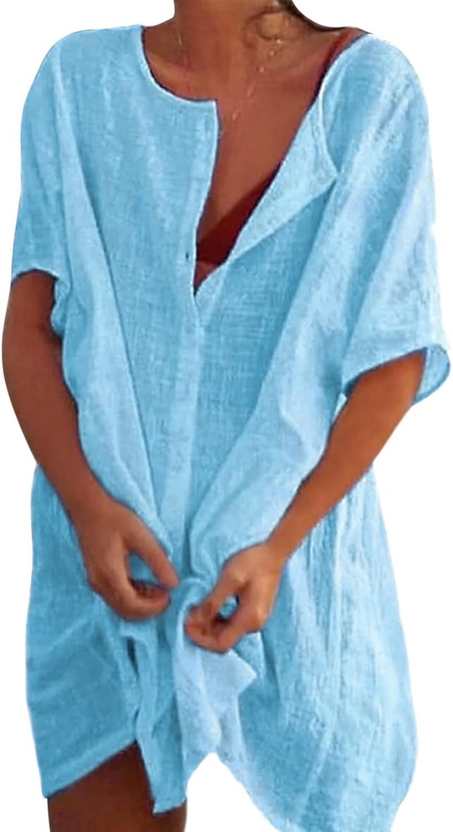 Strandjurk voor dames, bikini cover-up met ronde hals, knoopsluiting