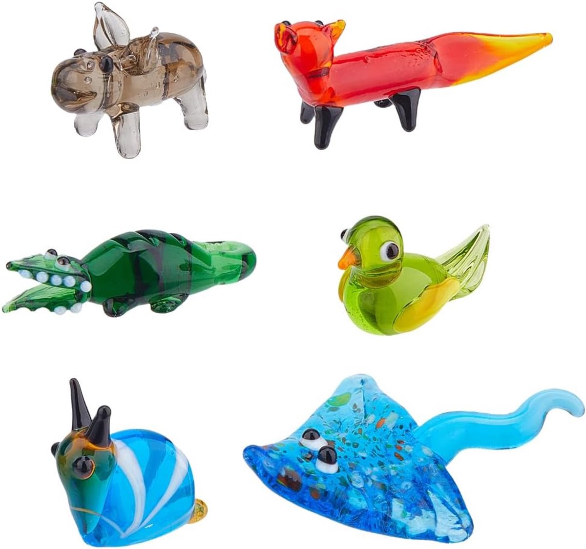 6 Stks Handgeblazen Glas Beeldjes Miniatuur Dier Glas Decor Kleurrijke Glas Vos Krokodil Manta Ray Slak Hippo Vogel Display Decoraties voor Thuis Collectible Gifts