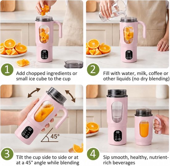 Draagbare blender, 550 ml, kleine blender met handvat, smoothie maker, USB oplaadbare draagbare blender voor kantoor, camping, sportschool en reizen, roze — afbeelding 2