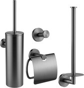 Toiletaccessoireset Gun metal 4-delig - Luxe Toilet Set - Toiletborstel met Houder - Toiletrolhouder met klep - Reserverolhouder - Handdoekhaak - Gunmetal Badkamer Accessoires