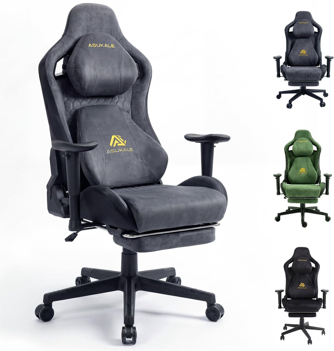 ASUKALE Gamingstoel - Ergonomische stoel - Suède - Met voetensteun en 3D-armleuningen - Bureaustoel - Draagvermogen 200 kg - Grijs