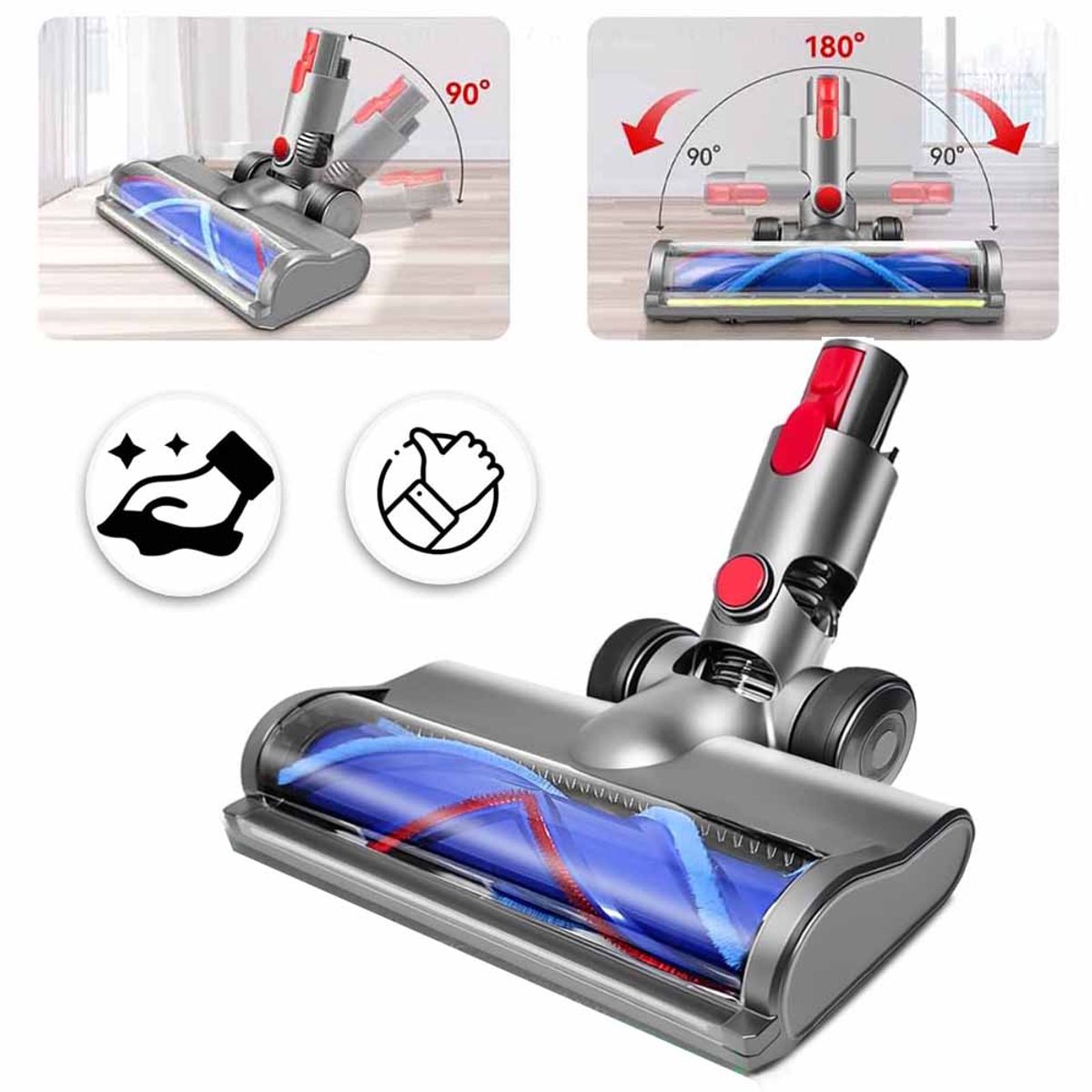 Vervangende Zuigmond Met Groene LED-Verlichting Voor Dyson V7 V8 V10 V11 V15 - 255 mm 90°/180° Draaibaar Geschikt Voor Alle Vloeren - Grijs
