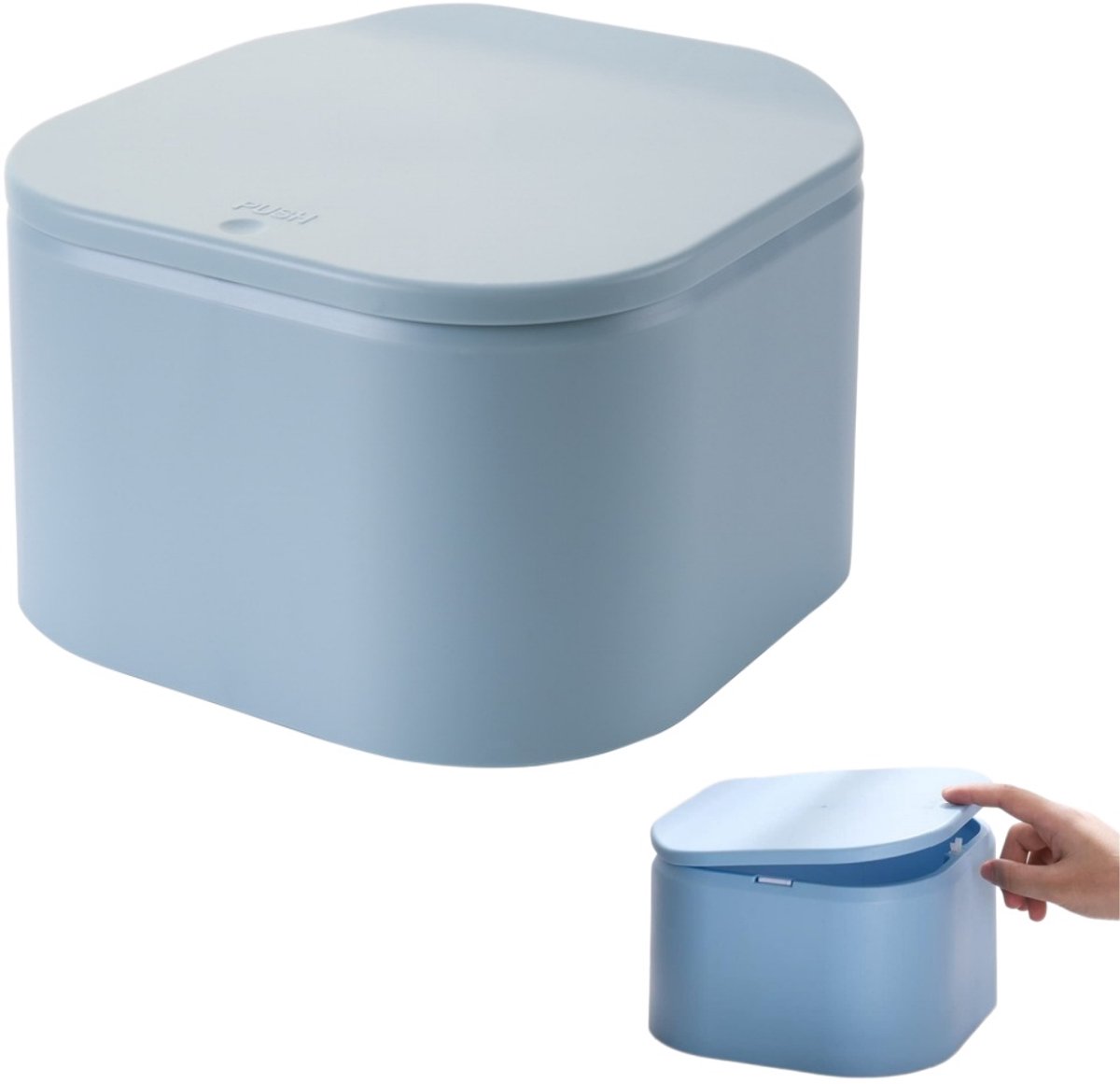 1 stuk - Kleine prullenbak voor op het bureau - Prullenbak met drukknopdeksel - Mini-prullenbak met deksel - opbergdoos - Geurbestendig - blauw - 18,9 x 18,9 x 11,6 cm - Geschikt voor aanrechtbladen, salontafels en keukens