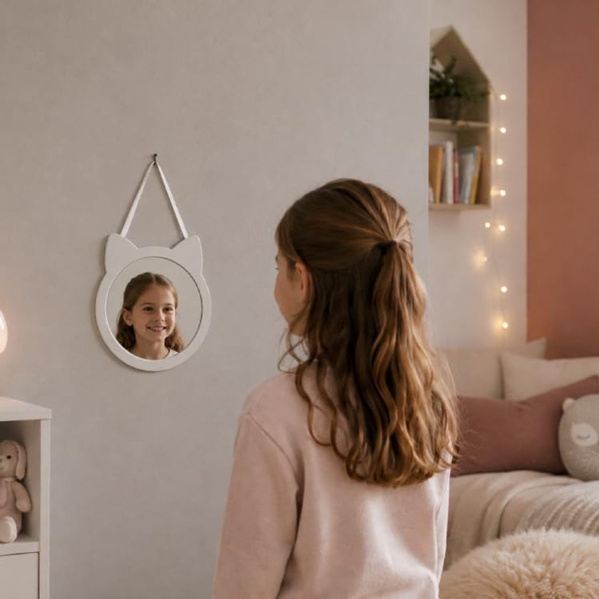 Omgoods - Kinderspiegel Kat voor Muur - Rond en Wit, Geen Boren Nodig