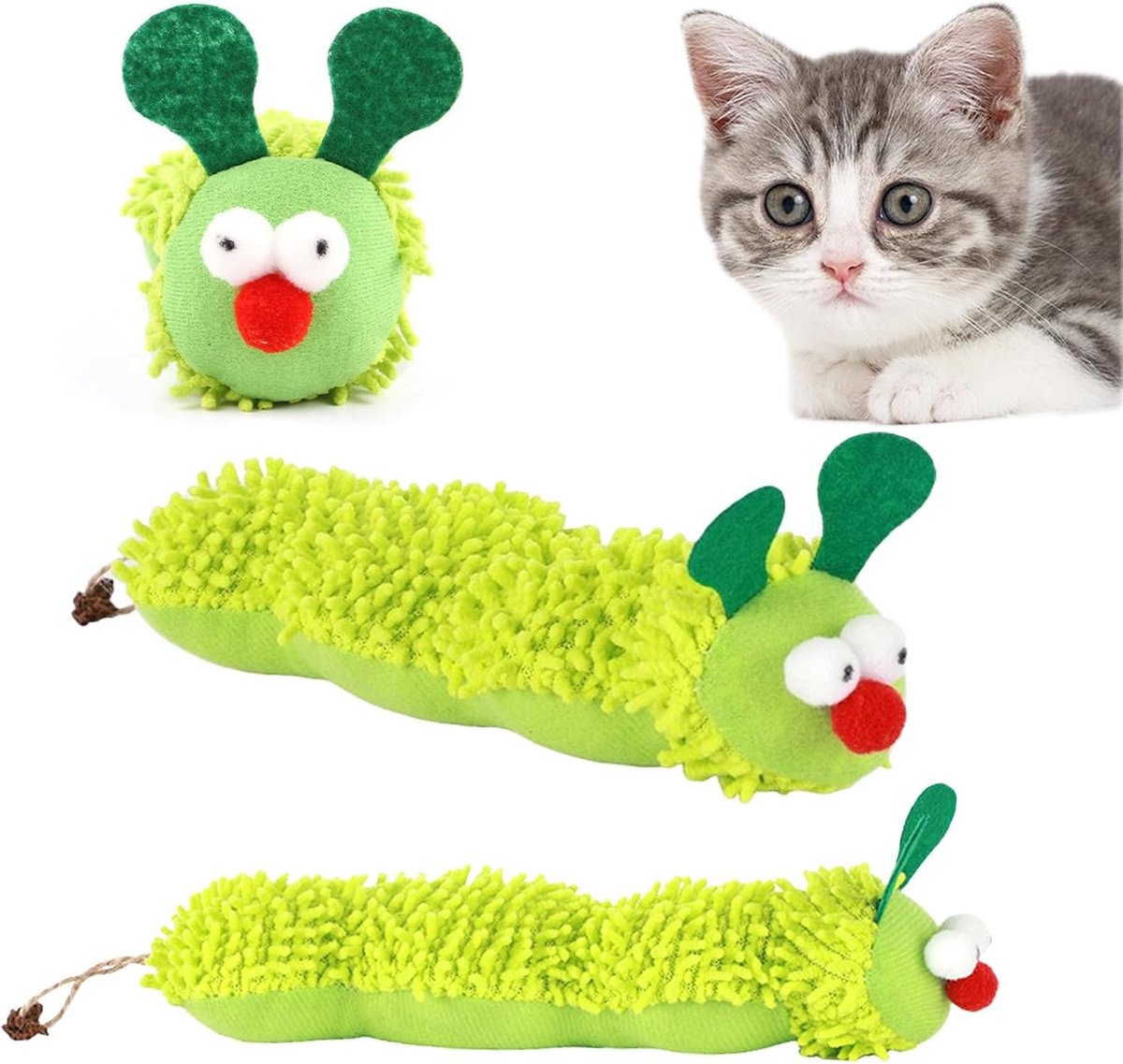 Pluche speelgoed in de vorm van een rups (set van 2) – ideaal voor binnenkatten van alle leeftijden om op te kauwen. De zachte, dikke stof helpt ongemak tijdens het doorkomen van de tanden te verzachten.