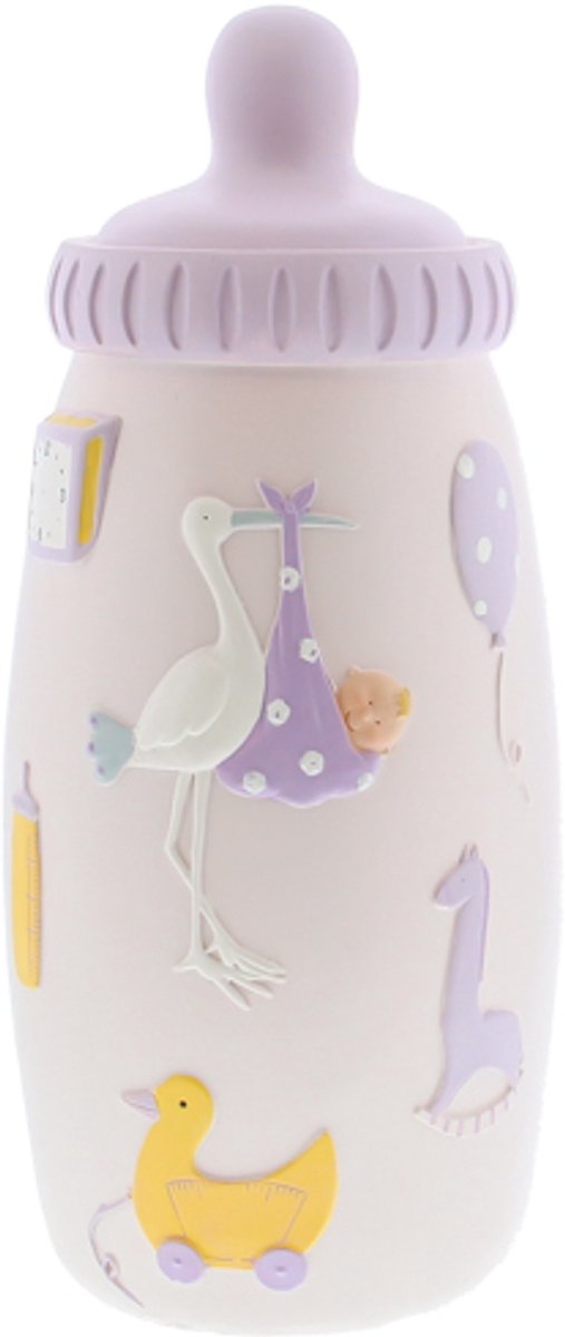 Spaarpot papfles Ooievaar en Baby roze