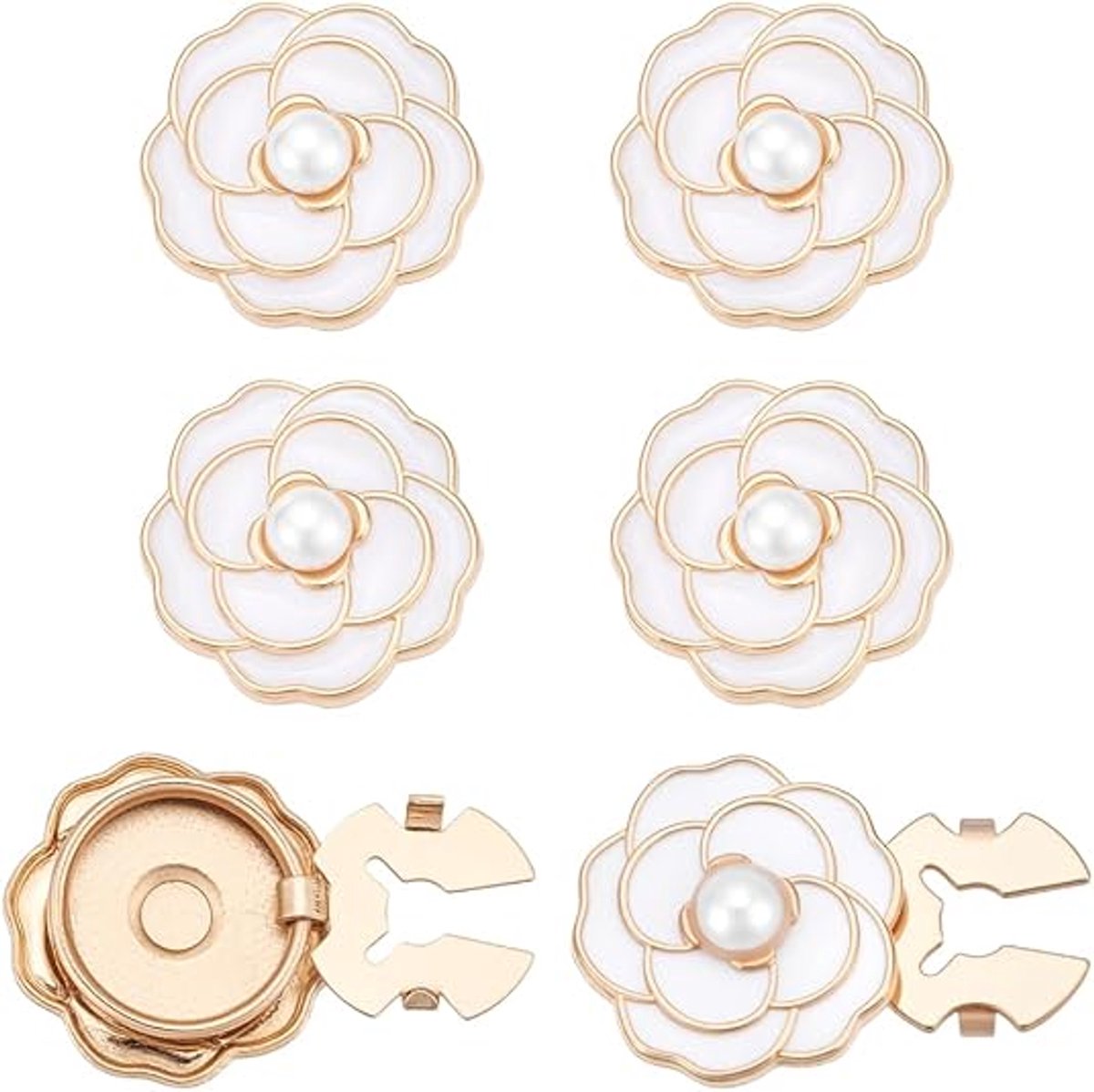 6 Stuks Wit Camelia Knoopversieringen van Allooi - Met Parel en Gouden Basis - Unisex - Geschikt voor Overhemden, Blouses en Jassen - Feestelijk en Zakelijk Gebruik
