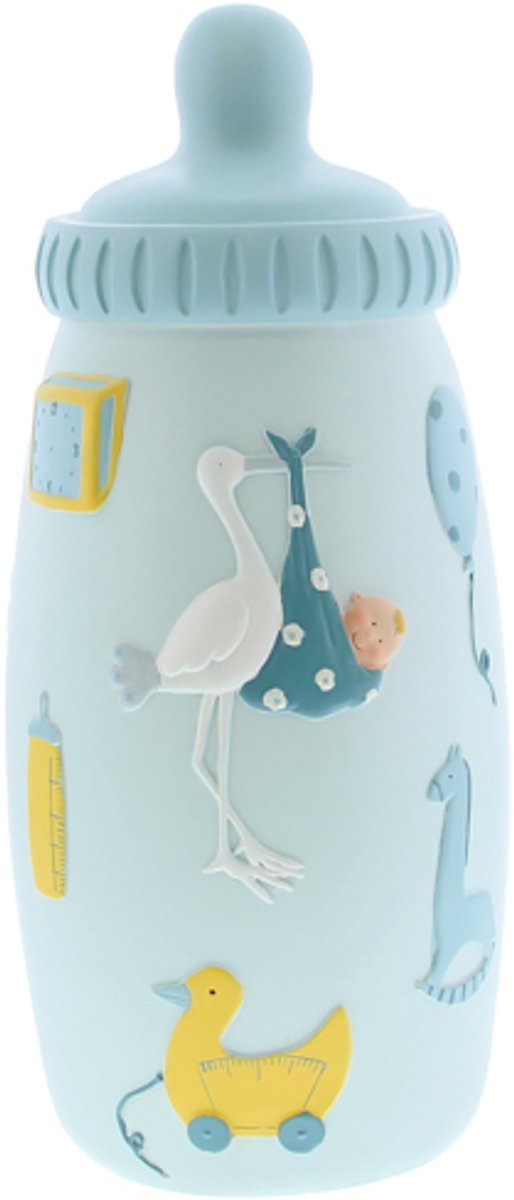 Spaarpot papfles Ooievaar en Baby blauw