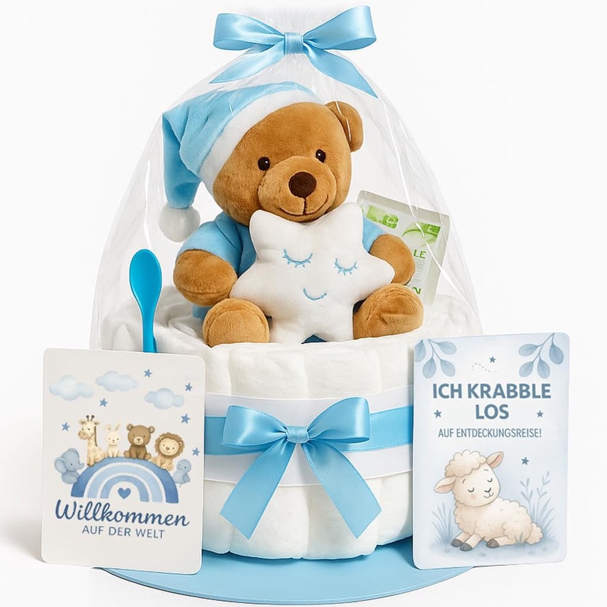 Omgoods - Baby Luier Taart Jongentje in Blauw, Handgemaakt Kraamcadeau met Knuffeldier en Verassingen