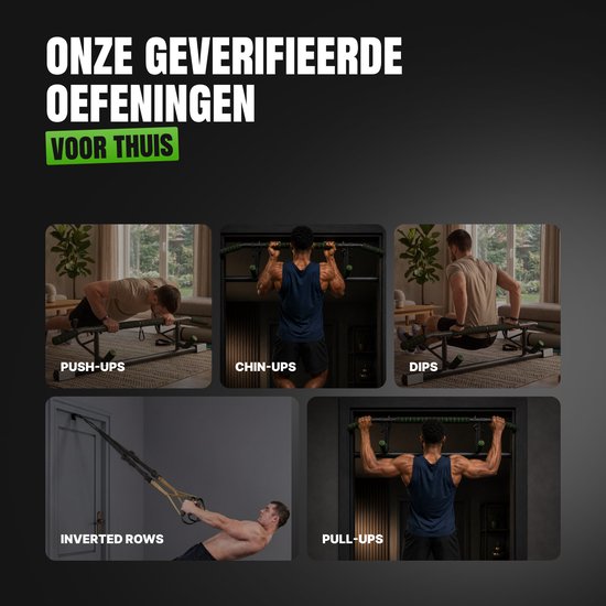 Collage van vijf mannen die verschillende oefeningen doen: push-ups, chin-ups, dips, inverted rows, pull-ups.