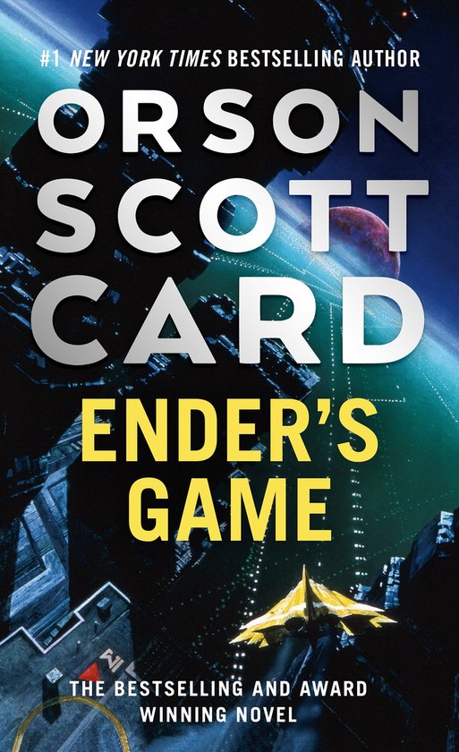 Boekomslag van 'Ender's Game' met de titel in grote letters, een ruimteschip en een planeet.