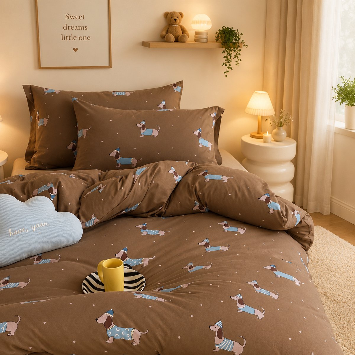 Beddengoedset 135x200 cm voor kinderen, bruine Teckel, allergievriendelijk microvezel, OEKO-TEX - dekbedovertrek met ritssluiting en 1 kussensloop 80x80 cm