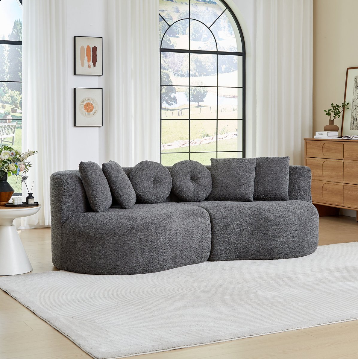 FloraGrace Zitbank 3-Zits - 2 Delige Modulaire Cashewvorm Met 6 Kussens En Doorlopende Rugleuning - Woonkamer - Chenille - Grijs