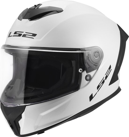 Casque intégral blanc avec visière noire et logos LS2 sur le côté et à l'avant.