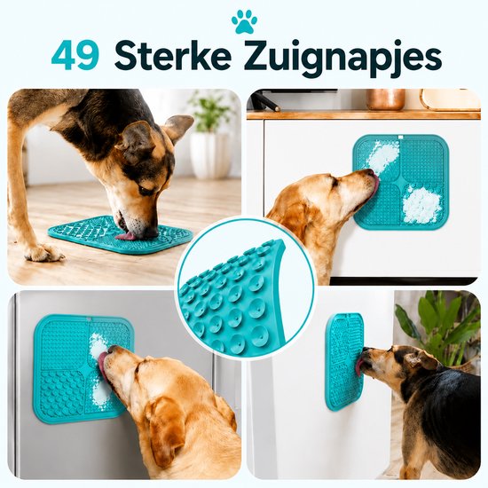 Honden likken aan een blauwe likmat met 49 zuignapjes, bevestigd aan een kast.