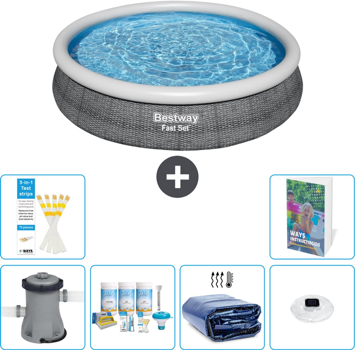 Bestway Rond Opblaasbaar Fast Set Zwembad - Rotanprint - 366 x 76 cm - Inclusief Pomp - Onderhoudspakket - Solarzeil - Verlichting - 7-delig