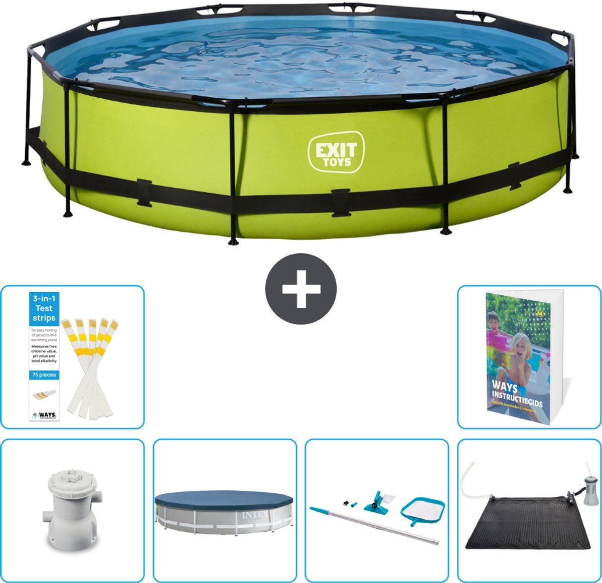 EXIT Rond Lime Frame Zwembad - 360 x 76 cm - Inclusief Pomp - Afdekzeil - Schoonmaakset - Solar Mat - 7-delig