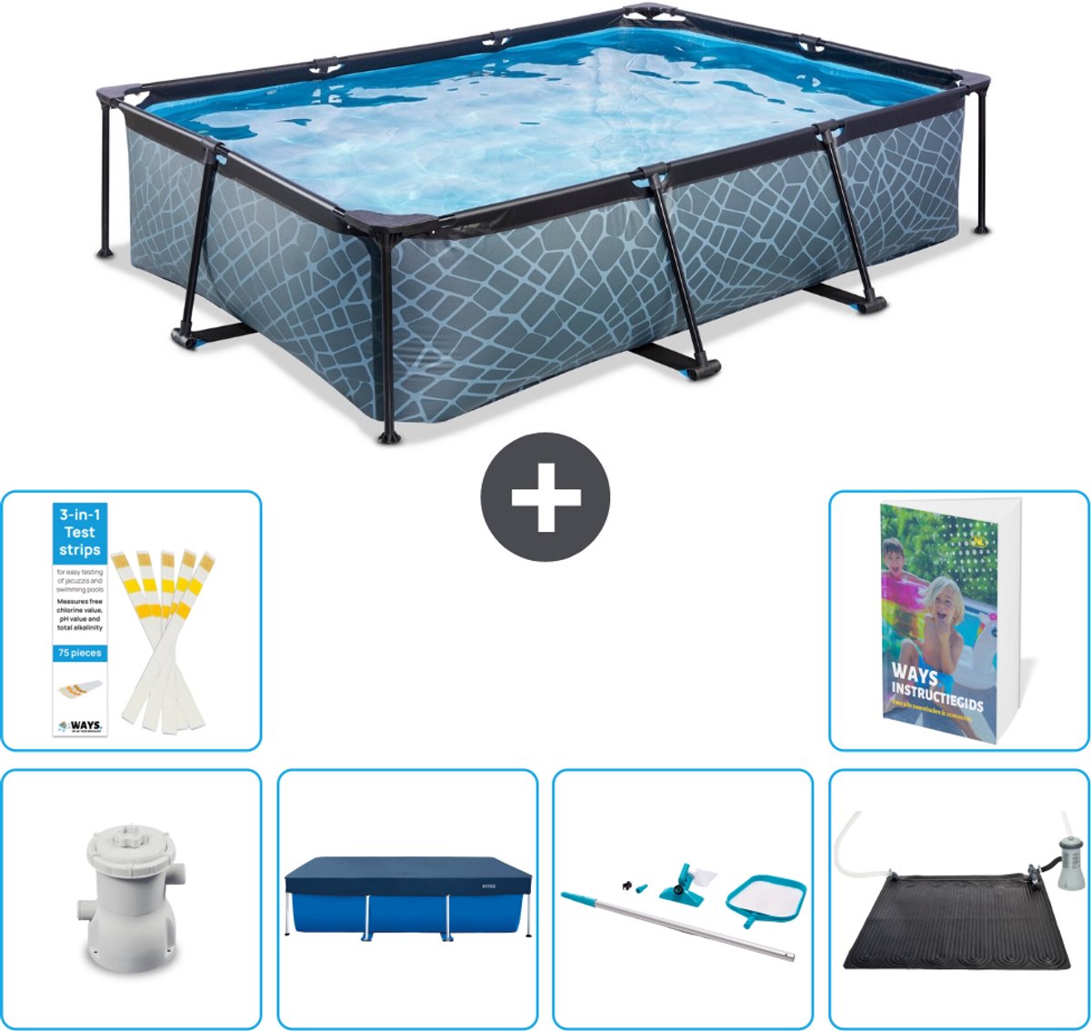 EXIT Rechthoekig Stone Frame Zwembad - 300 x 200 x 65 cm - Inclusief Pomp - Afdekzeil - Schoonmaakset - Solar Mat - 7-delig