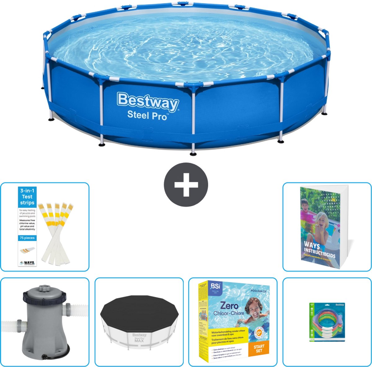 Bestway Rond Steel Pro Zwembad - 366 x 76 cm - Blauw - Inclusief Pomp - Afdekzeil - Onderhoudspakket - Speelgoed - 7-delig