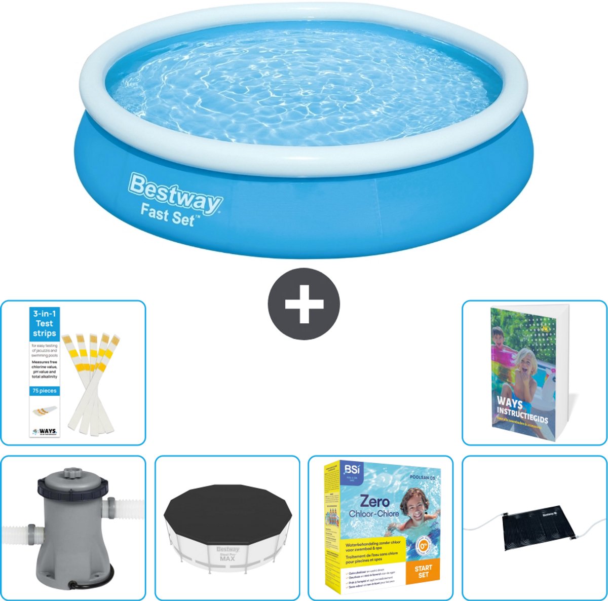 Bestway Rond Opblaasbaar Fast Set Zwembad - 366 x 76 cm - Blauw - Inclusief Pomp - Afdekzeil - Onderhoudspakket - Solar Mat - 7-delig