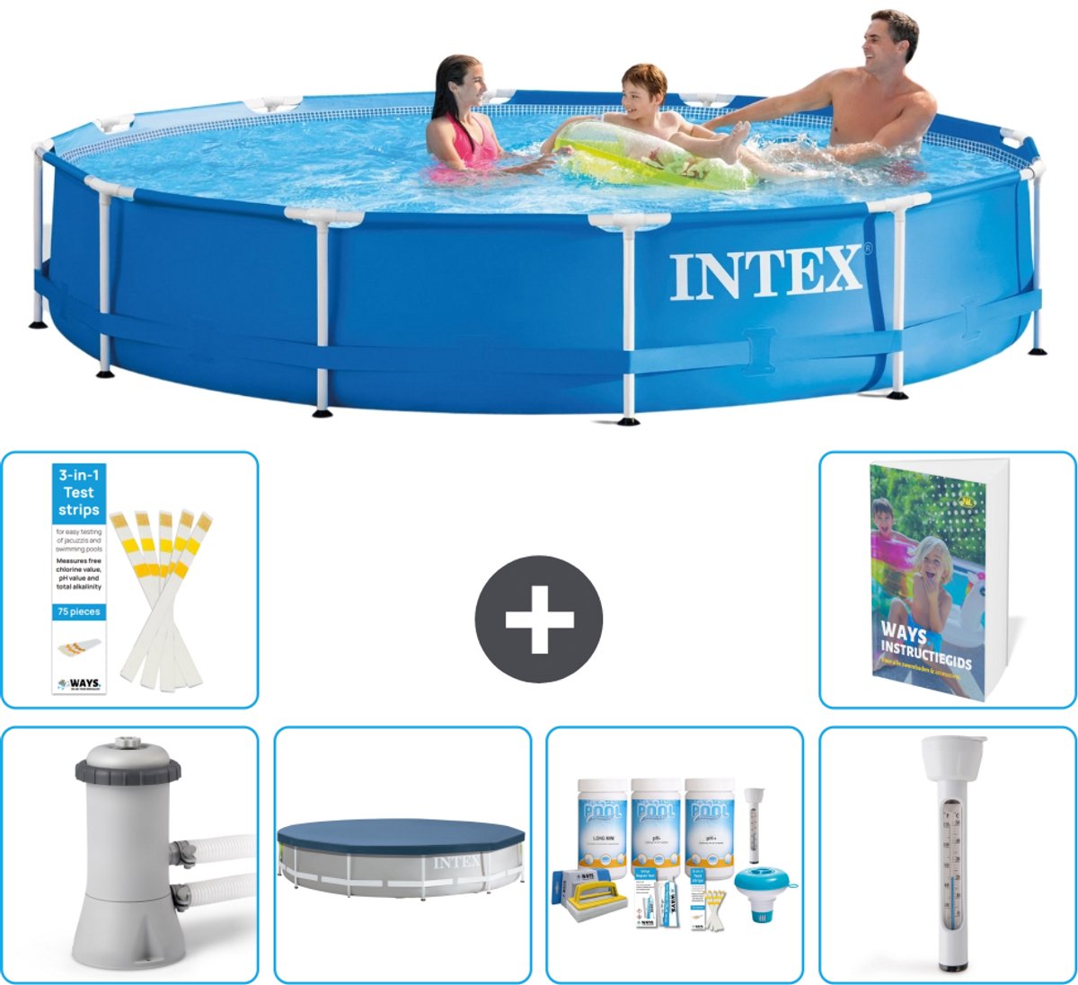 Intex Rond Frame Zwembad - 366 x 76 cm - Blauw - Inclusief Pomp - Afdekzeil - Onderhoudspakket - Thermometer - 7-delig