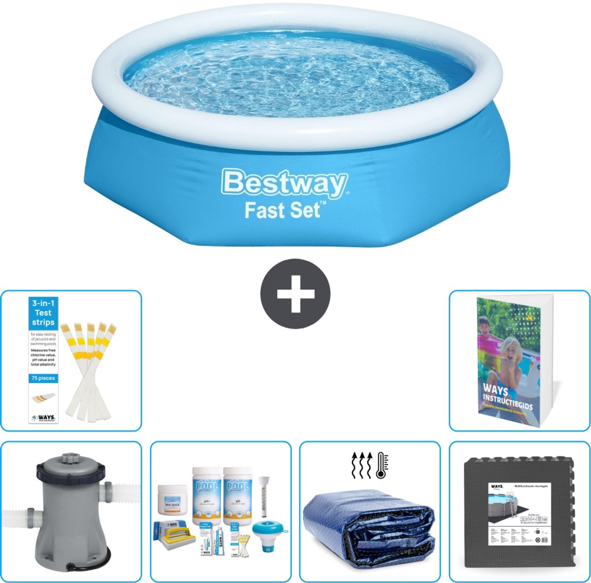 Bestway Rond Opblaasbaar Fast Set Zwembad - 244 x 61 cm - Blauw - Inclusief Pomp - Onderhoudspakket - Solarzeil - Vloertegels - 7-delig