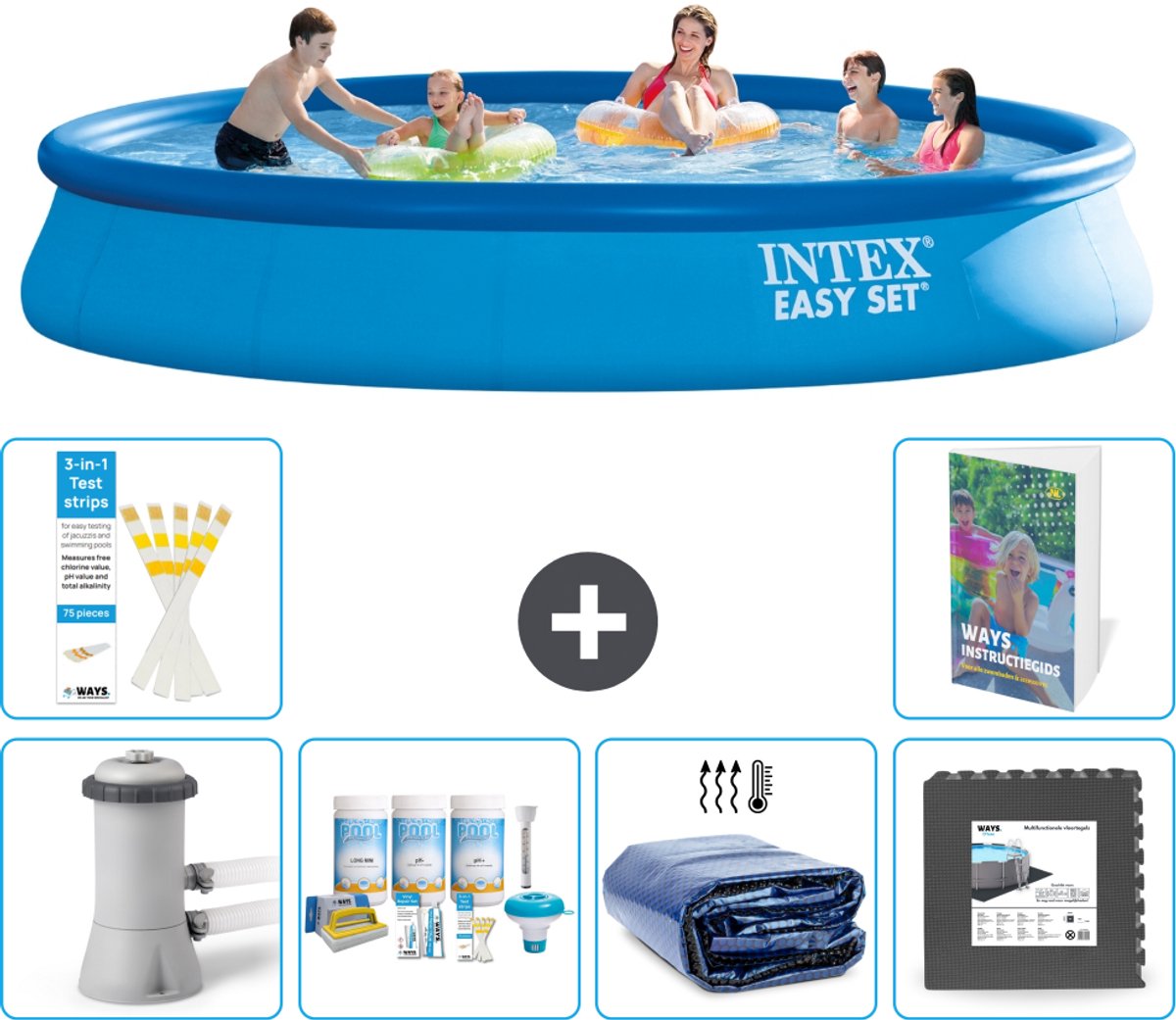 Intex Rond Opblaasbaar Easy Set Zwembad - 457 x 84 cm - Blauw - Inclusief Pomp - Onderhoudspakket - Solarzeil - Vloertegels - 7-delig