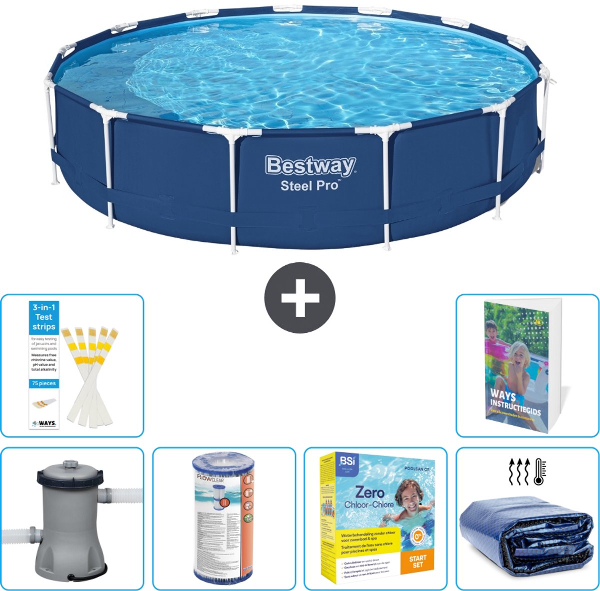 Bestway Rond Steel Pro Zwembad - 396 x 84 cm - Blauw - Inclusief Pomp - Filter - Onderhoudspakket - Solarzeil - 7-delig