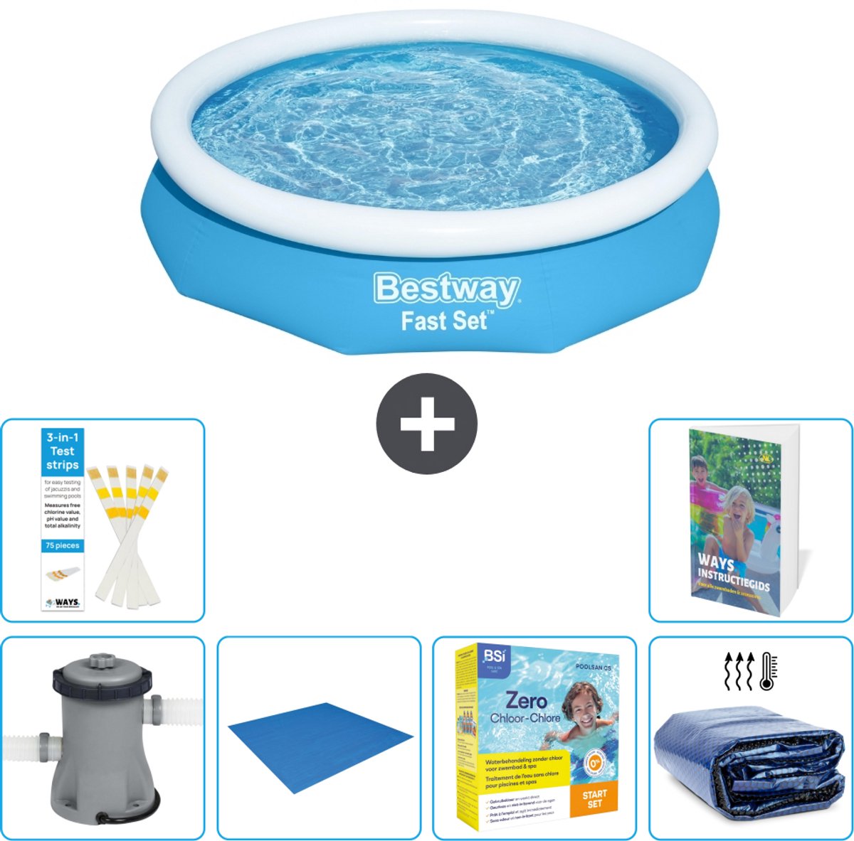 Bestway Rond Opblaasbaar Fast Set Zwembad - 305 x 66 cm - Blauw - Inclusief Pomp - Grondzeil - Onderhoudspakket - Solarzeil - 7-delig