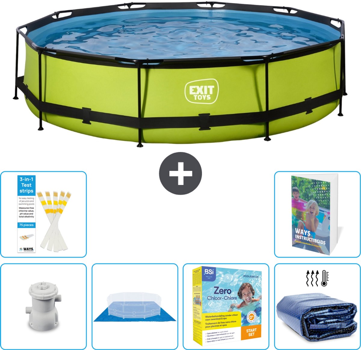 EXIT Rond Lime Frame Zwembad - 360 x 76 cm - Inclusief Pomp - Grondzeil - Onderhoudspakket - Solarzeil - 7-delig