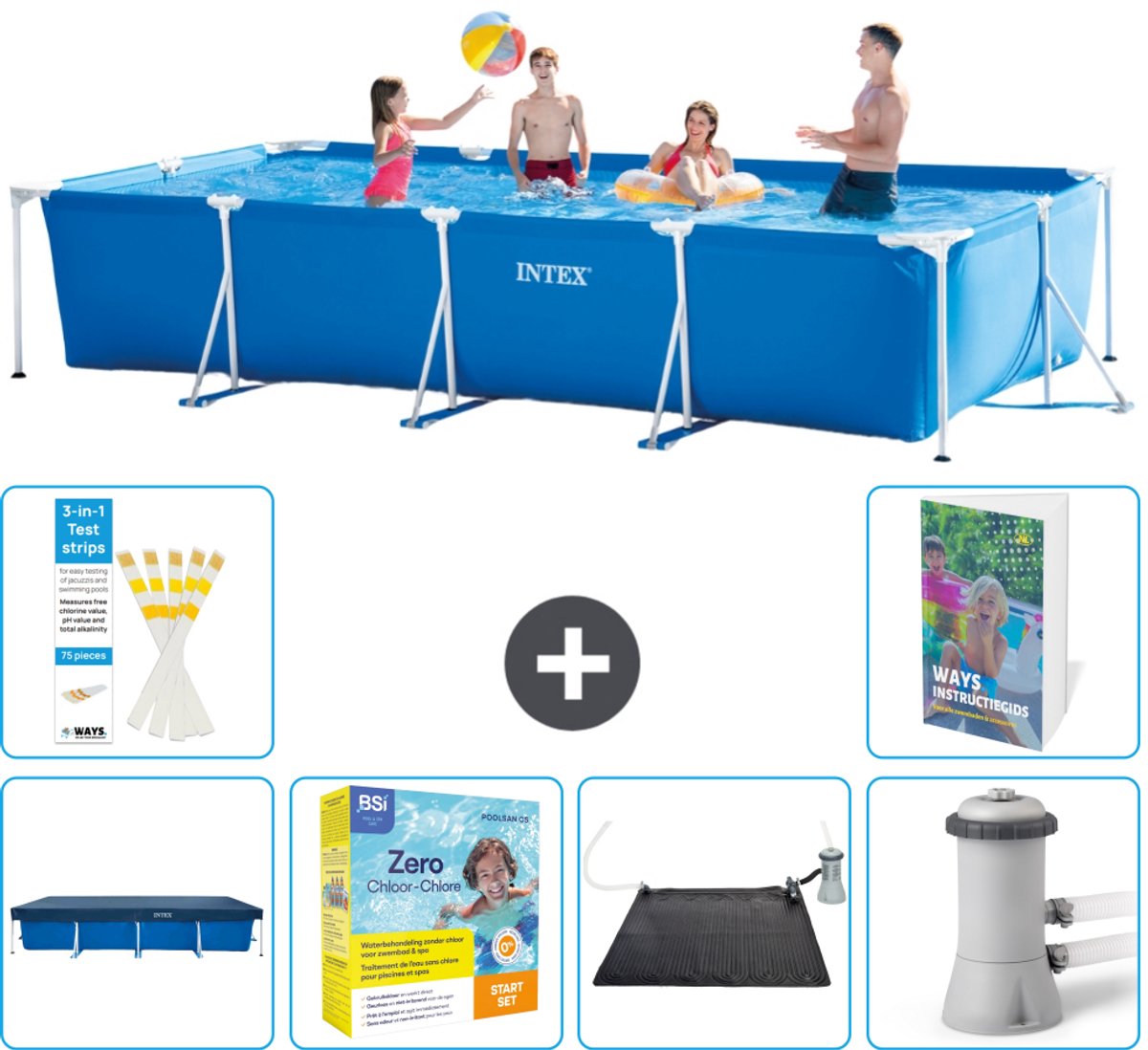 Intex Rechthoekig Frame Zwembad - 450 x 220 x 84 cm - Blauw - Inclusief Afdekzeil - Onderhoudspakket - Solar Mat - Zwembadfilterpomp - 7-delig
