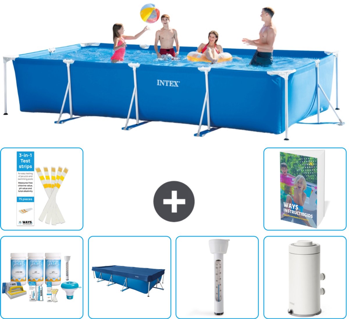 Intex Rechthoekig Frame Zwembad - 450 x 220 x 84 cm - Blauw - Inclusief Onderhoudspakket - Afdekzeil - Thermometer - Zwembadfilterpomp - 7-delig