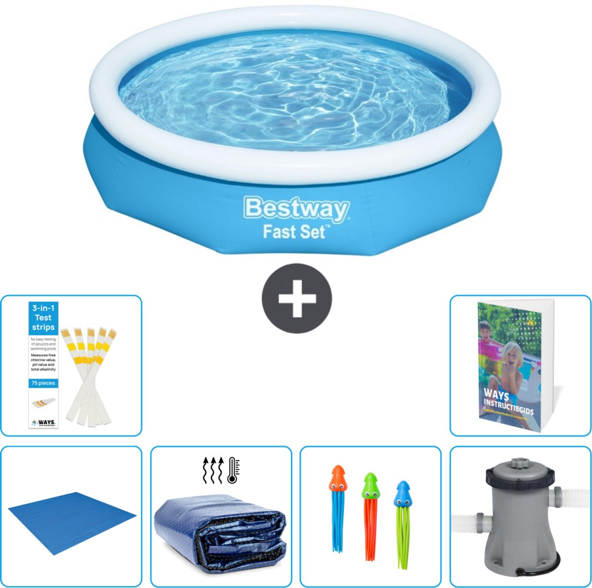 Bestway Rond Opblaasbaar Fast Set Zwembad - 305 x 66 cm - Blauw - Inclusief Grondzeil - Solarzeil - Speelgoed - Zwembadfilterpomp - 7-delig