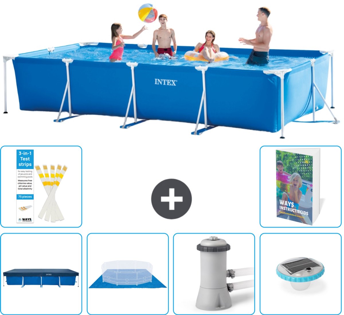 Intex Rechthoekig Frame Zwembad - 450 x 220 x 84 cm - Blauw - Inclusief Afdekzeil - Grondzeil - Zwembadfilterpomp - Verlichting - 7-delig
