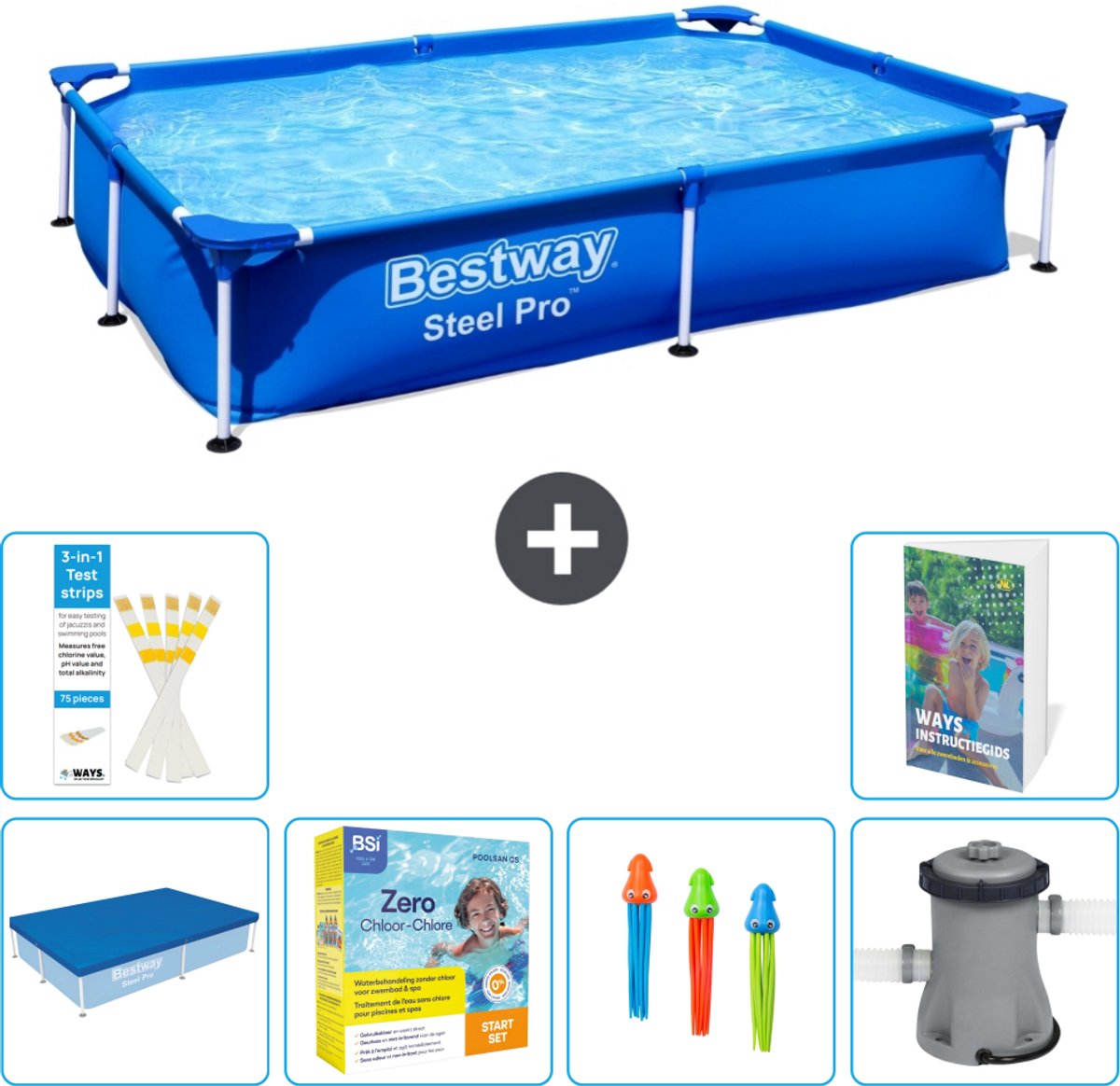 Bestway Rechthoekig Steel Pro Zwembad - 221 x 150 x 43 cm - Blauw - Inclusief Afdekzeil - Onderhoudspakket - Speelgoed - Zwembadfilterpomp - 7-delig