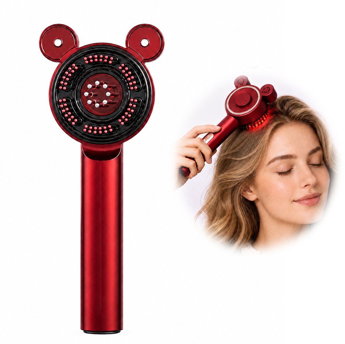 Elektrische Hoofdhuid Massageborstel – Hoofdhuidmassager met Verneveling, 3 LED-Lichtmodi en 3 Vibratiestanden – USB-C Oplaadbaar – Voor Hoofdhuid- en Haarverzorging – Dames en Heren – Rood– 225 × 100 × 55 mm – 1 Stuk