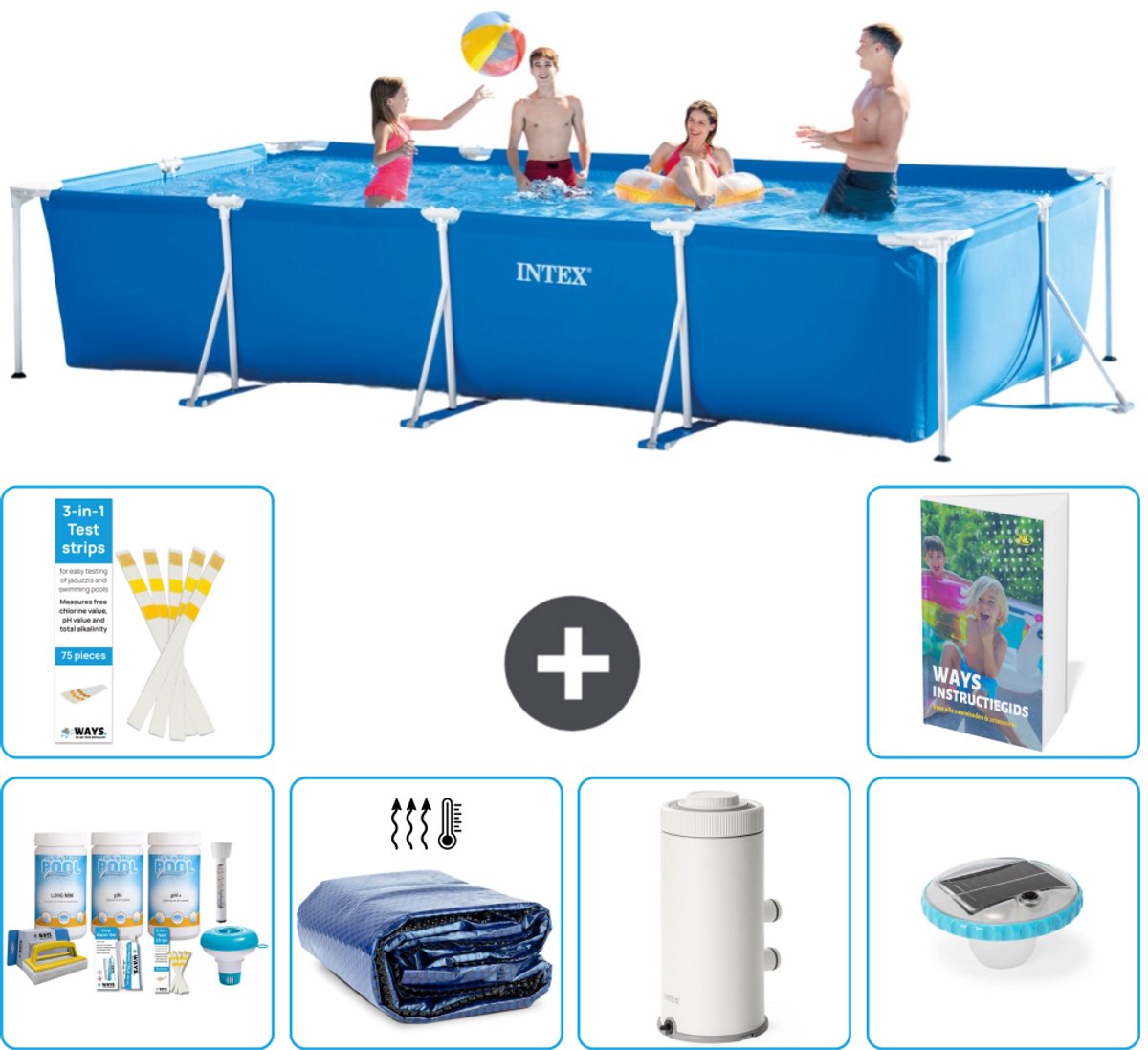 Intex Rechthoekig Frame Zwembad - 450 x 220 x 84 cm - Blauw - Inclusief Onderhoudspakket - Solarzeil - Zwembadfilterpomp - Verlichting - 7-delig