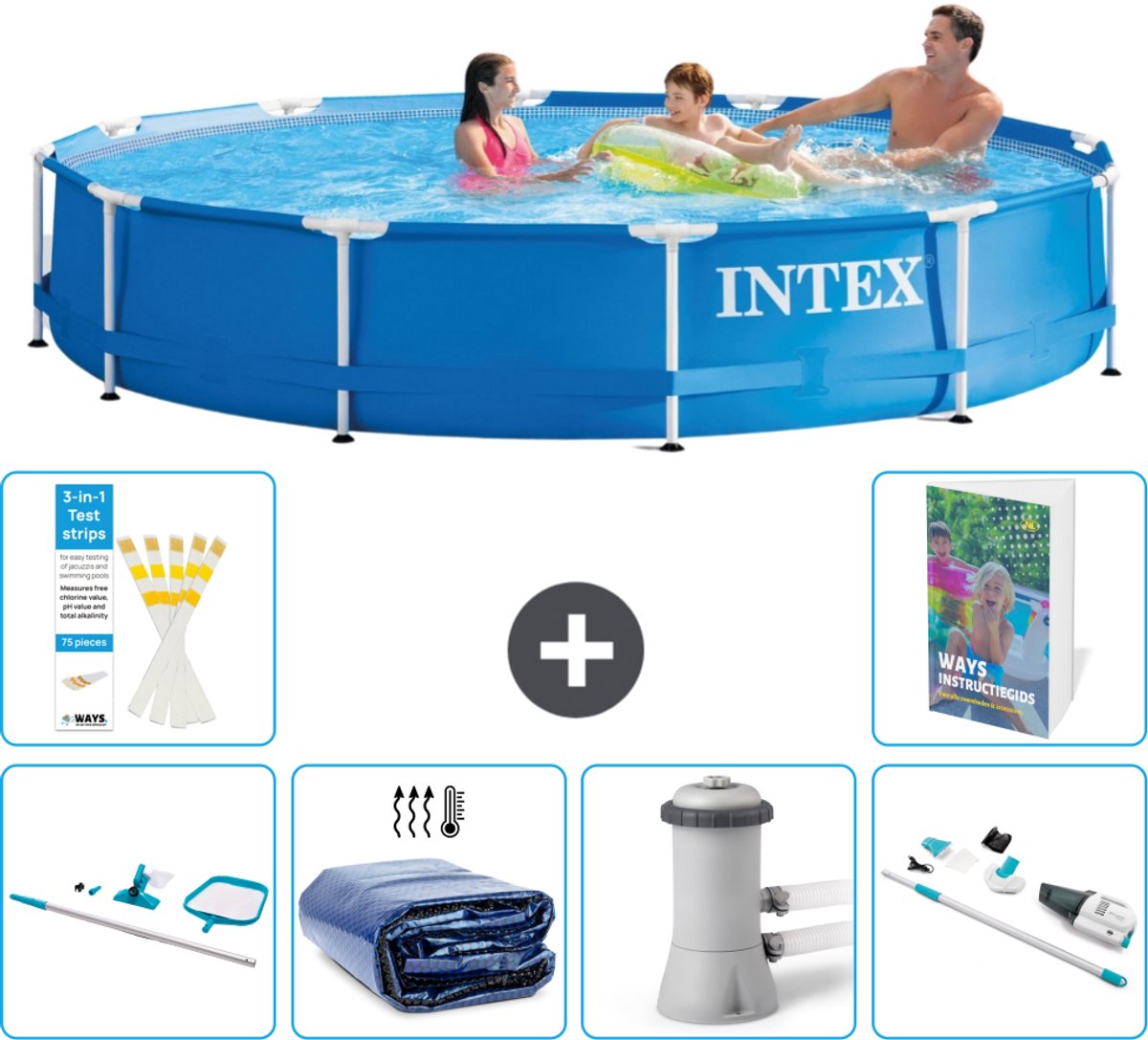 Intex Rond Frame Zwembad - 366 x 76 cm - Blauw - Inclusief Schoonmaakset - Solarzeil - Zwembadfilterpomp - Stofzuiger - 7-delig