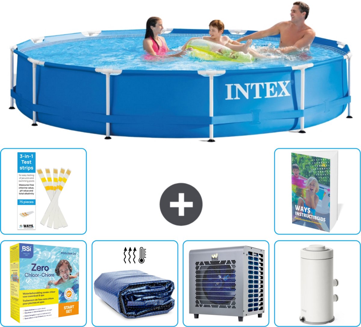 Intex Rond Frame Zwembad - 366 x 76 cm - Blauw - Inclusief Onderhoudspakket - Solarzeil - Warmtepomp - Zwembadfilterpomp - 7-delig