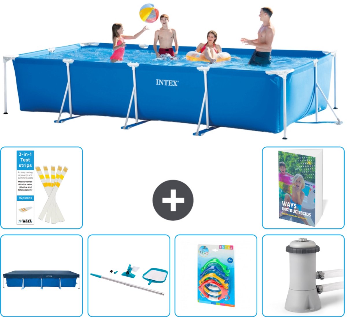 Intex Rechthoekig Frame Zwembad - 450 x 220 x 84 cm - Blauw - Inclusief Afdekzeil - Schoonmaakset - Speelgoed - Zwembadfilterpomp - 7-delig