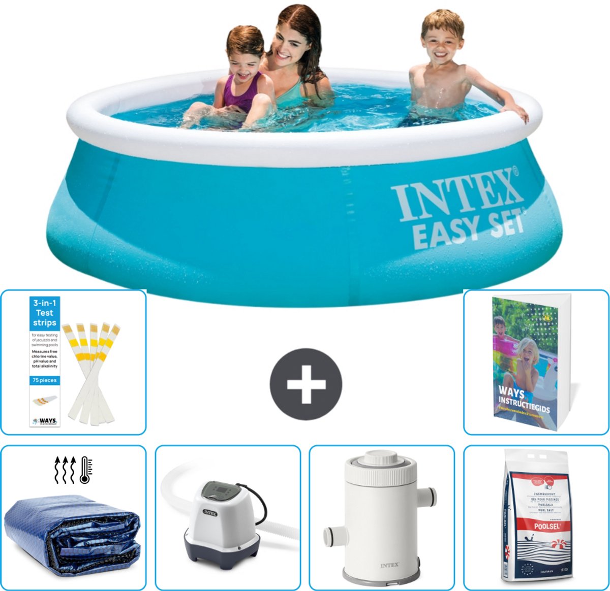 Intex Rond Opblaasbaar Easy Set Zwembad – 183 x 51 cm – Blauw – Inclusief Solarzeil – Zoutwatersysteem – Zwembadfilterpomp – Zwembadzout – 7-delig