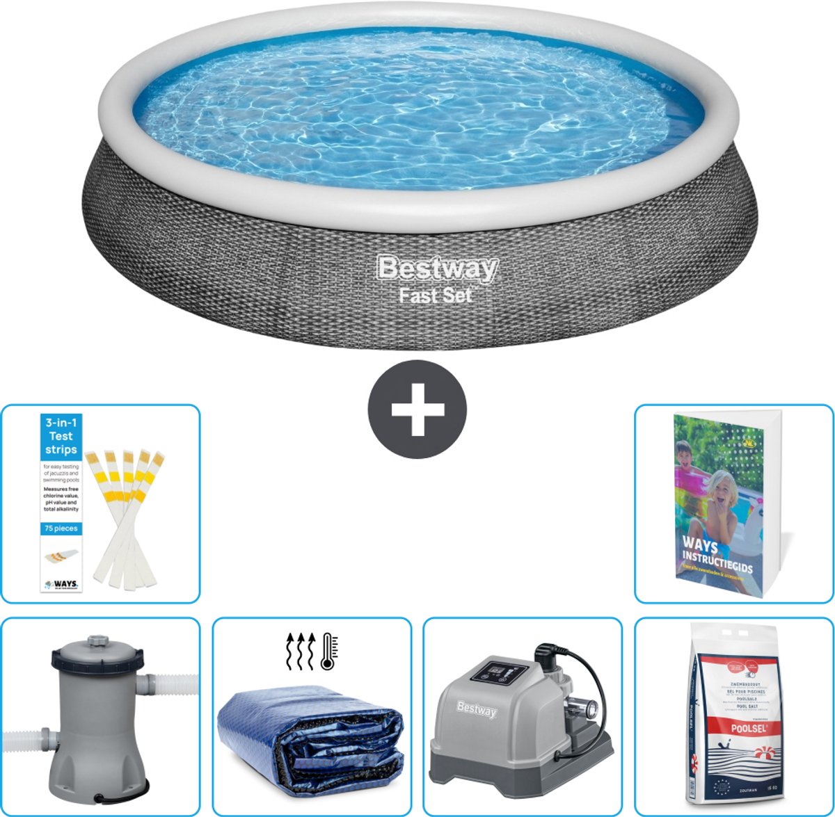 Bestway Rond Opblaasbaar Fast Set Zwembad - Rotanprint - 396 x 84 cm - Inclusief Pomp - Solarzeil - Zoutwatersysteem - Zwembadzout - 7-delig
