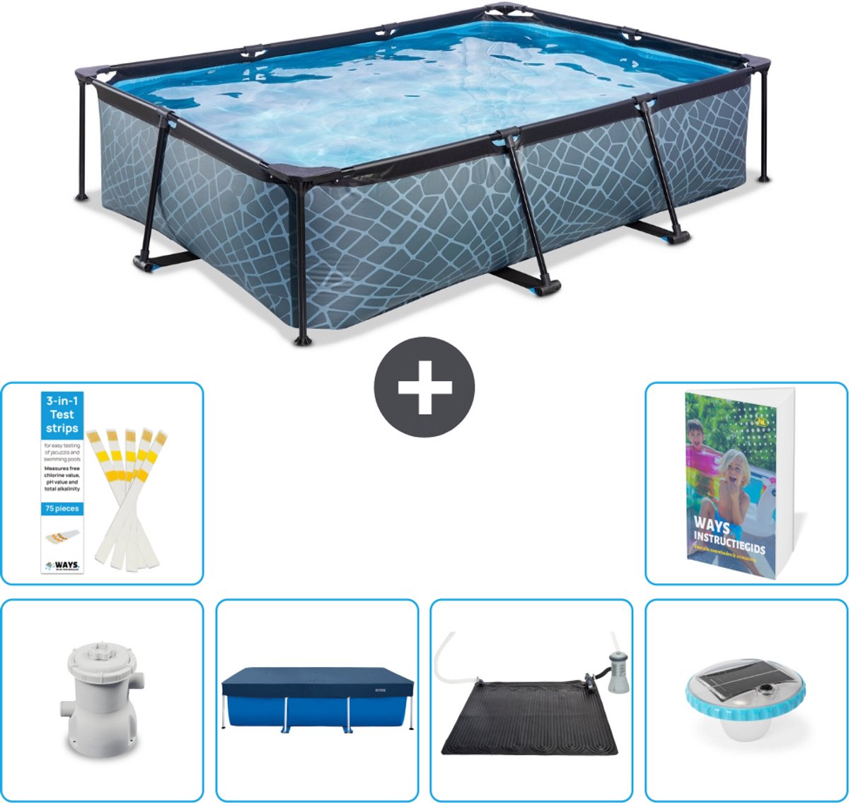 EXIT Rechthoekig Stone Frame Zwembad - 300 x 200 x 65 cm - Inclusief Pomp - Afdekzeil - Solar Mat - Verlichting - 7-delig