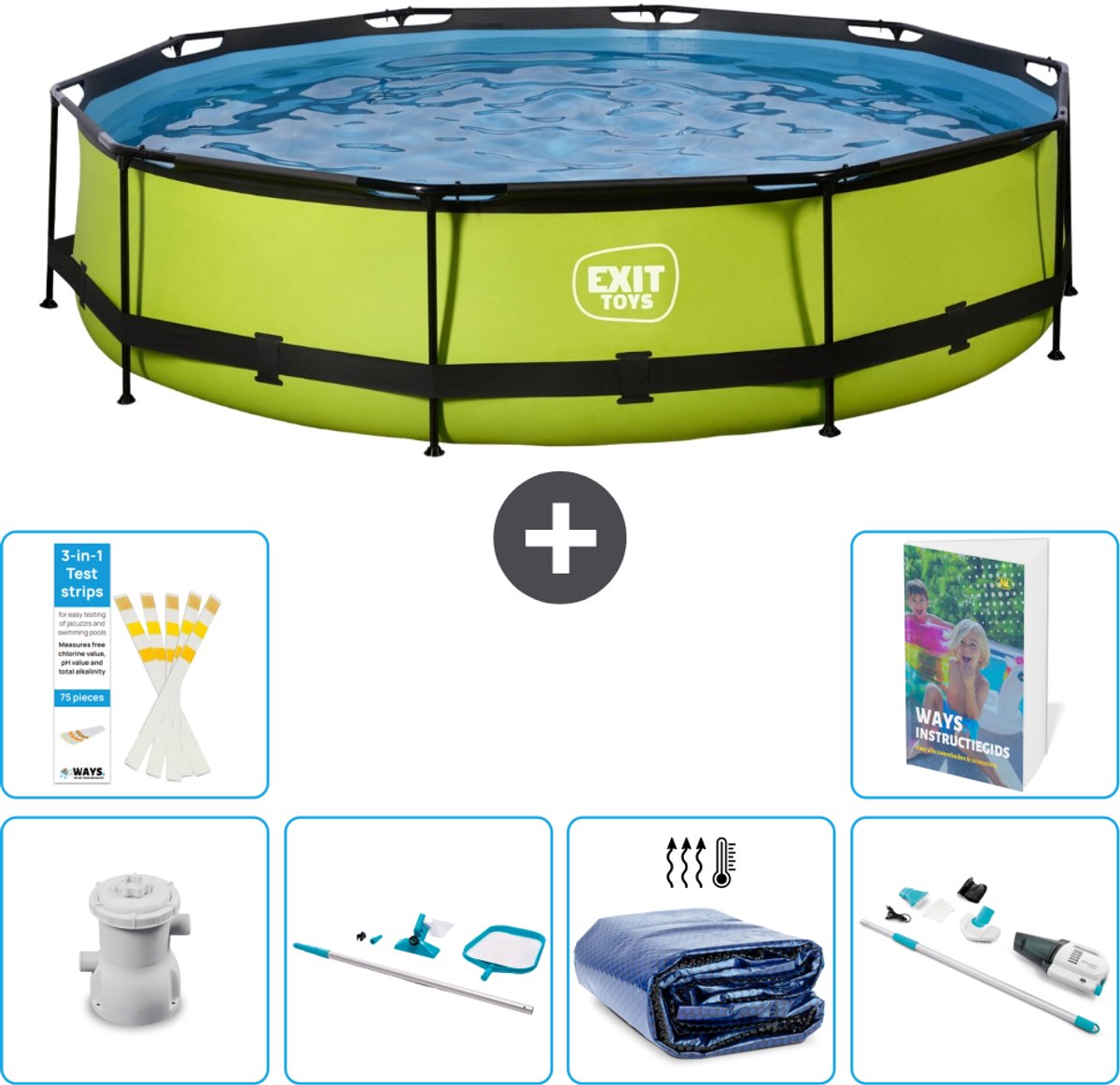 EXIT Rond Lime Frame Zwembad - 360 x 76 cm - Inclusief Pomp - Schoonmaakset - Solarzeil - Stofzuiger - 7-delig