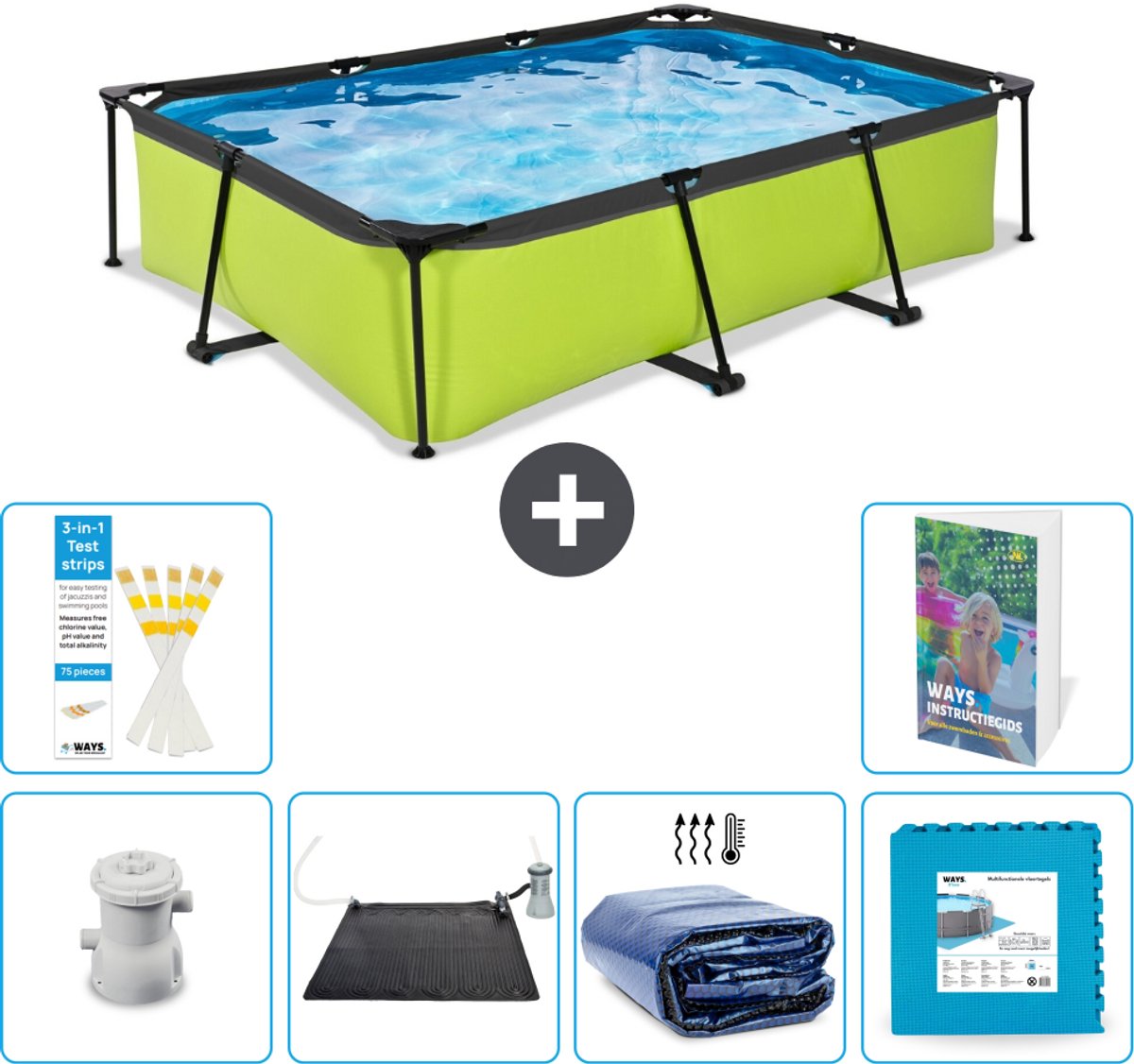 EXIT Rechthoekig Lime Frame Zwembad - 300 x 200 x 65 cm - Inclusief Pomp - Solar Mat - Solarzeil - Vloertegels - 7-delig
